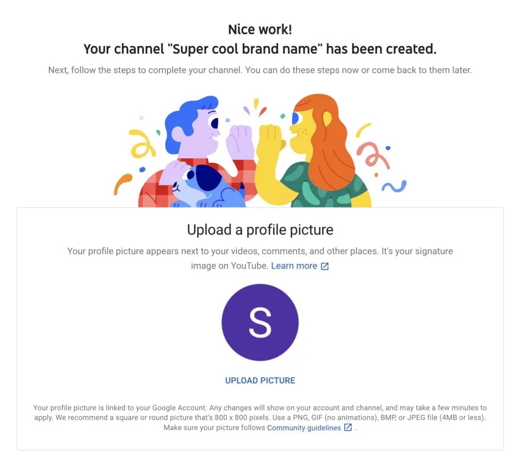 Create a YouTube channel settings and profile picture